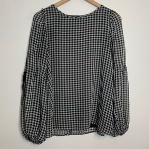 Max Studio Gingham Sheer Balloon Sleeve B&W Blouse